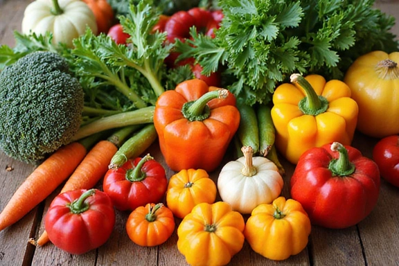 A colorful array of fresh, seasonal vegetables and fruits, representing seasonal eating benefits.